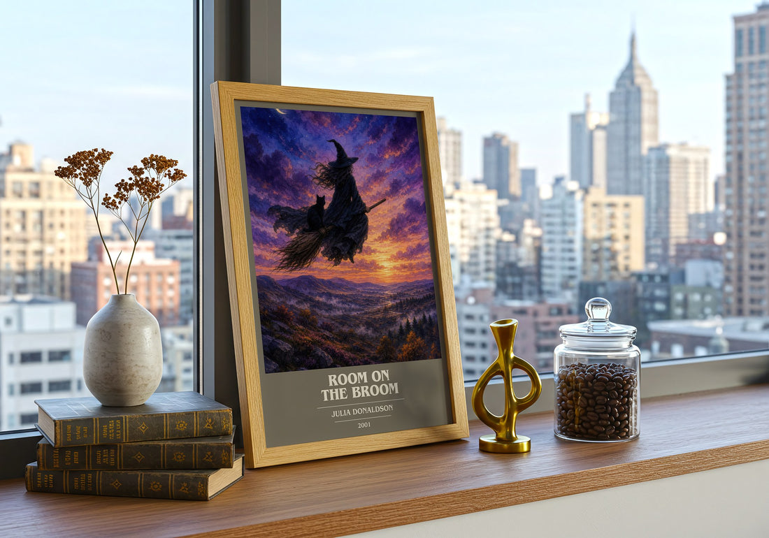 Room on the Broom book cover print framed by window – literary home decor