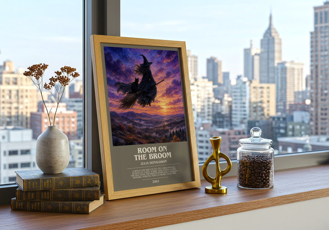 Room on the Broom bookish print framed by window – literary home decor