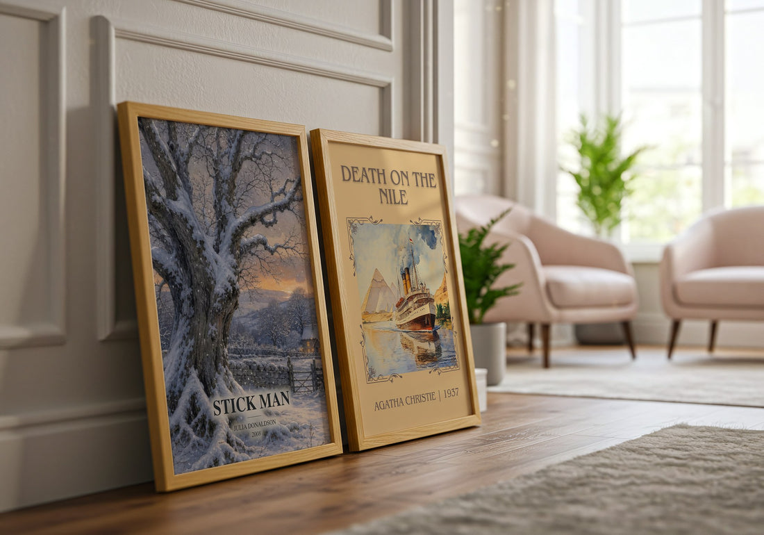 Stick Man watercolour print framed by window – literary home decor