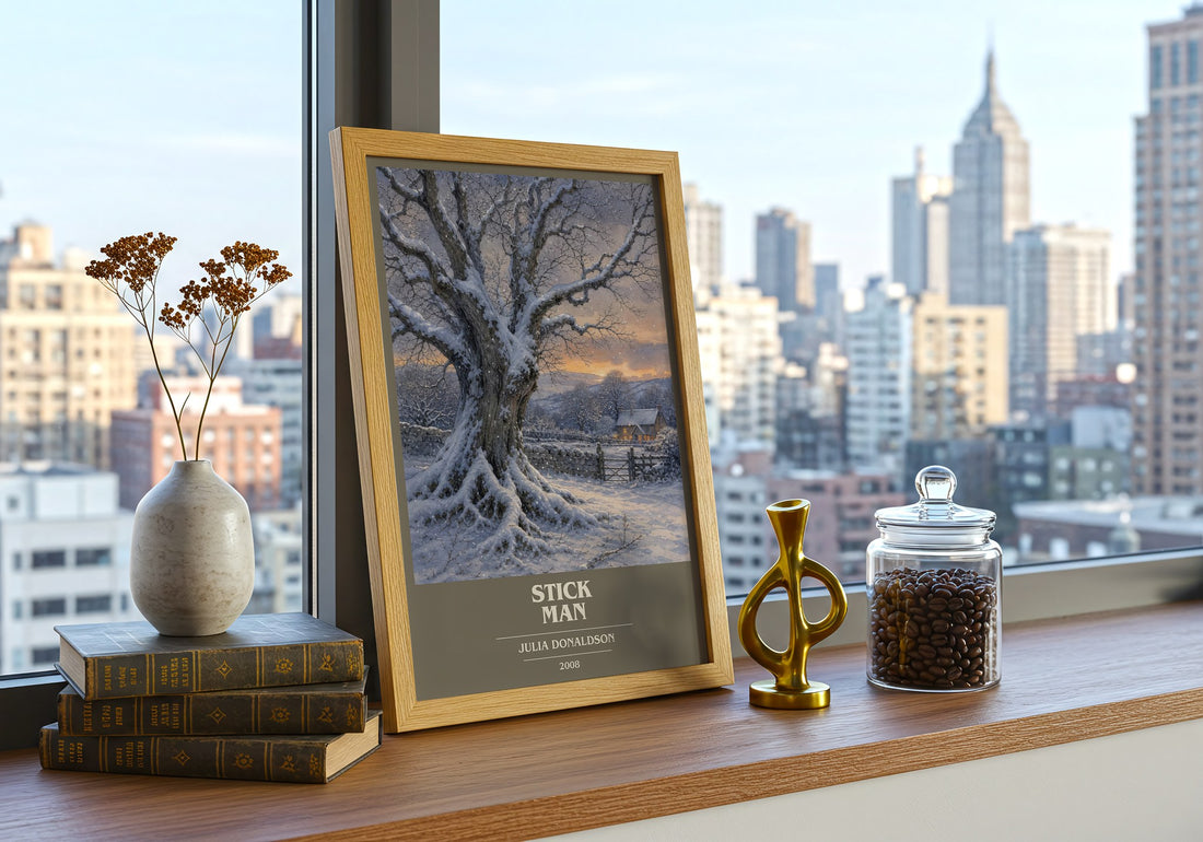 Stick Man book cover print framed by window – literary home decor