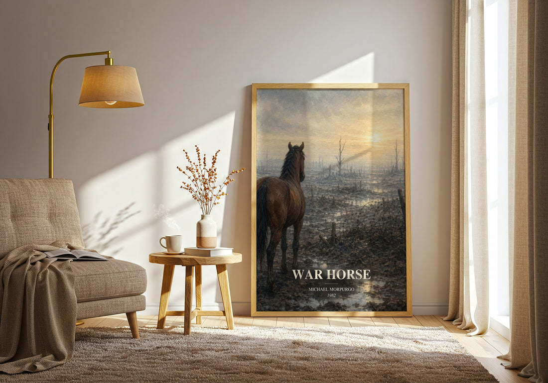 War Horse watercolour print in frame leaning in hallway – young adult wall art (mockup)