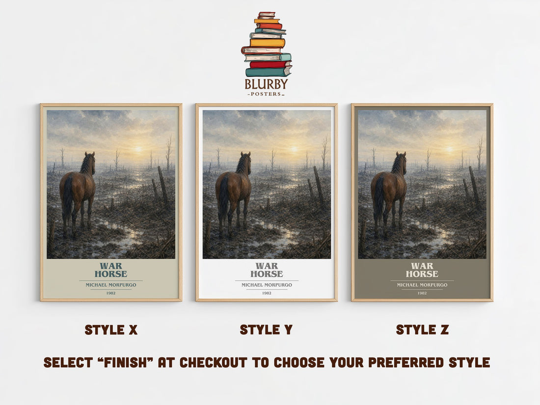 War Horse book cover print in frame leaning in hallway – young adult wall art (mockup)