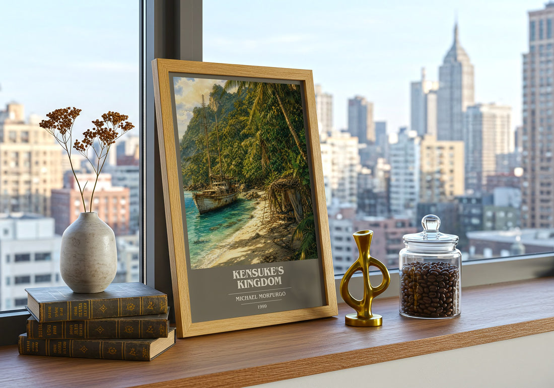 Kensuke's Kingdom book cover print framed by window – literary home decor