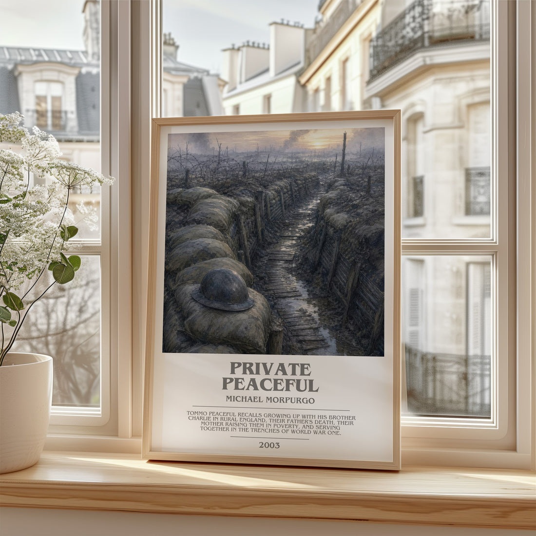 Private Peaceful bookish poster colour and style options – Michael Morpurgo book art