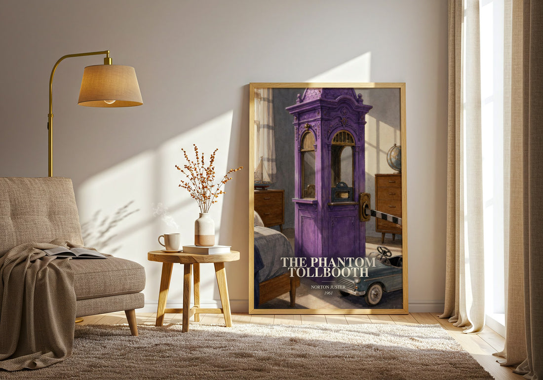 The Phantom Tollbooth watercolour print in frame leaning in hallway – childrens wall art (mockup)
