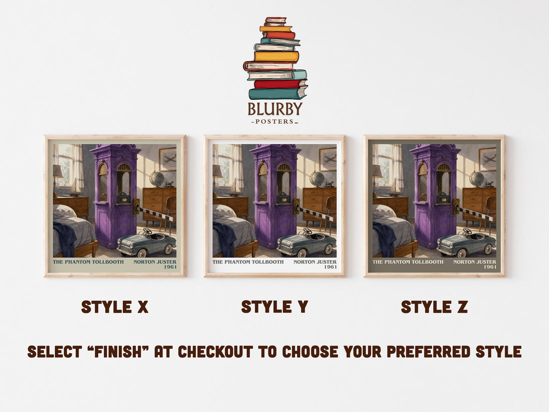 The Phantom Tollbooth literary print in frame leaning in hallway – childrens wall art (mockup)