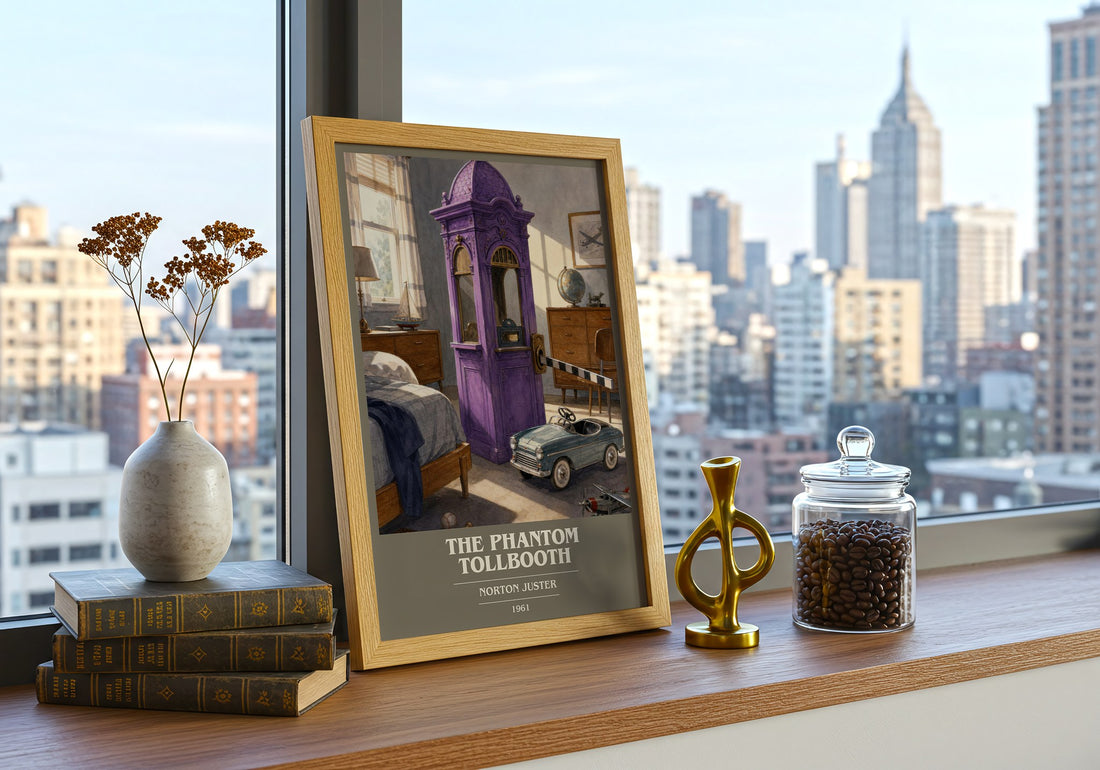The Phantom Tollbooth book cover print framed by window – literary home decor