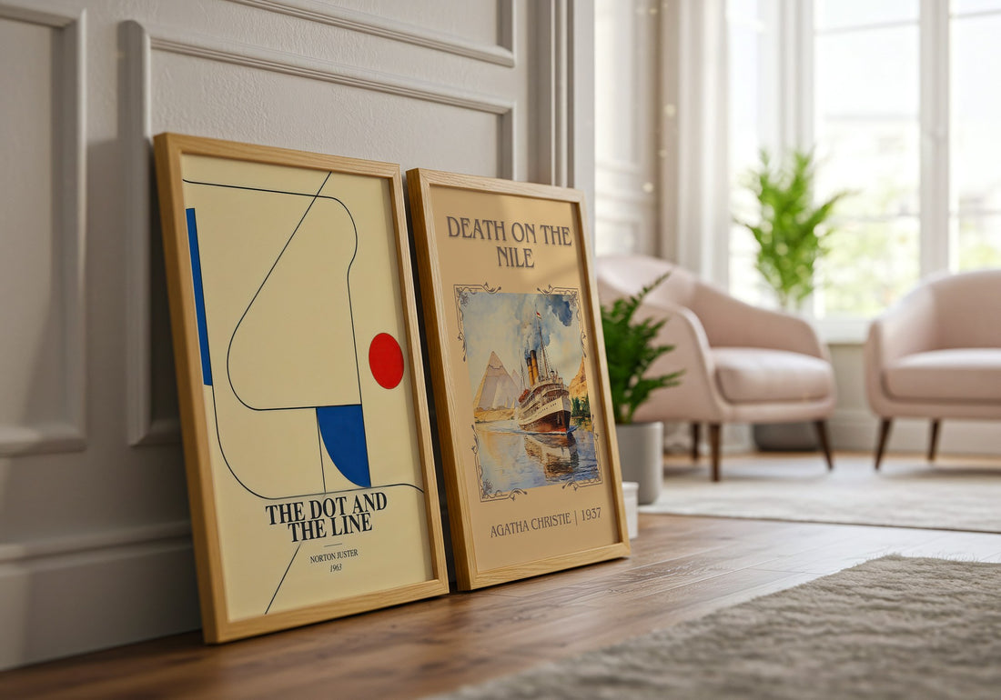 The Dot and the Line watercolour print framed by window – literary home decor