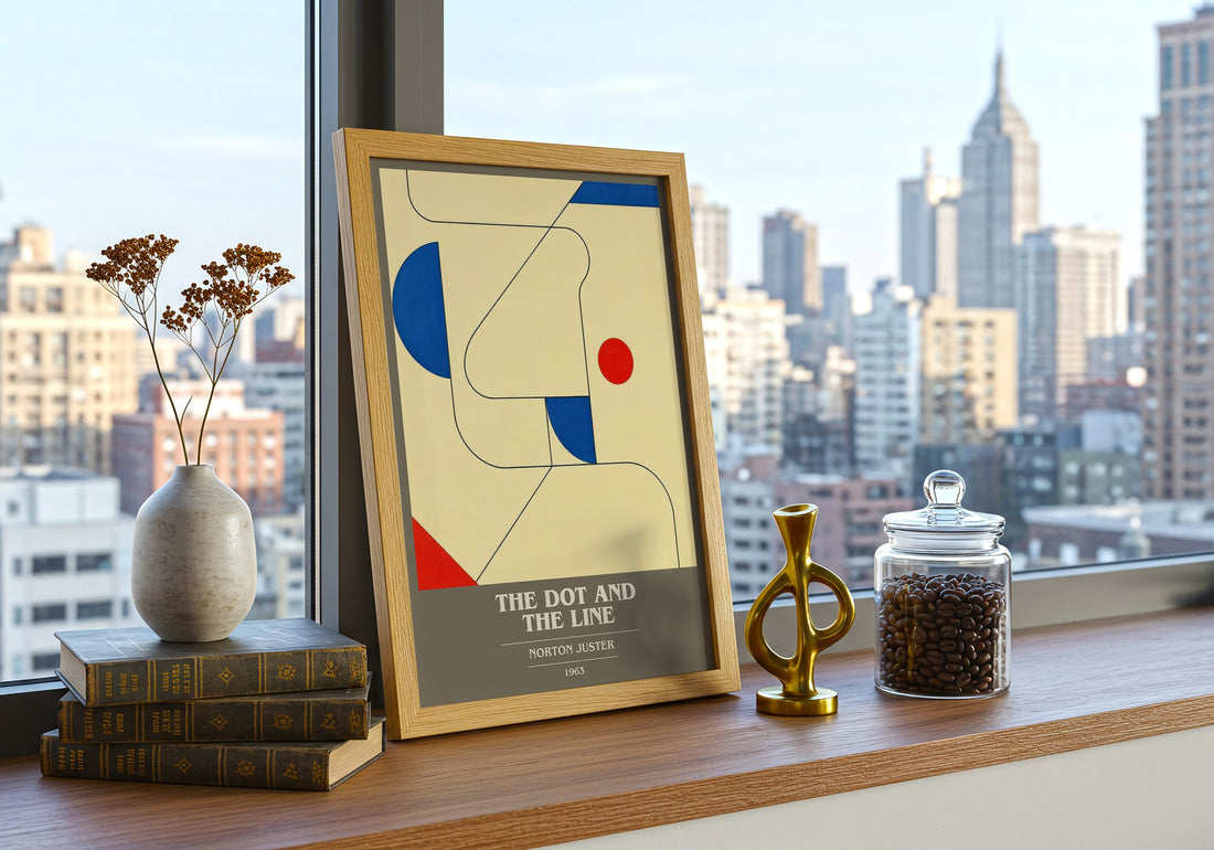 The Dot and the Line book cover print framed by window – literary home decor