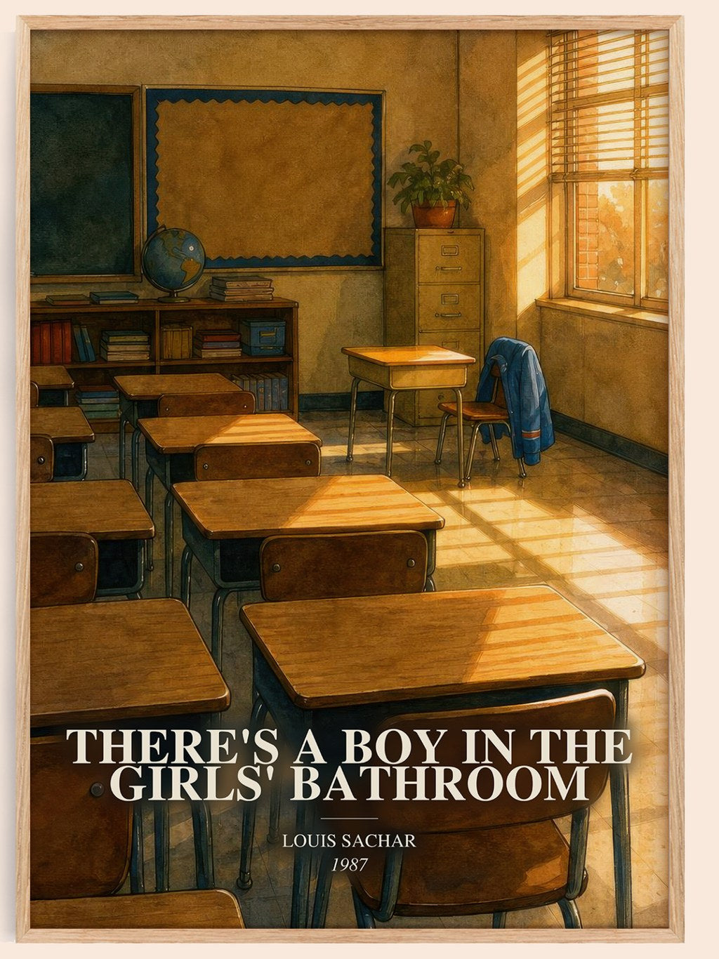 There's a Boy in the Girls' Bathroom watercolour book poster by Louis Sachar – framed literary art print