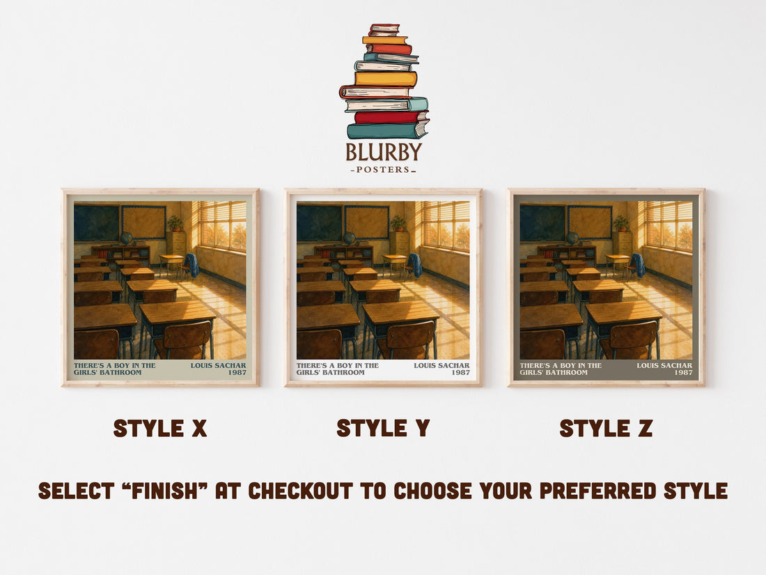 There's a Boy in the Girls' Bathroom literary print in frame leaning in hallway – childrens wall art (mockup)