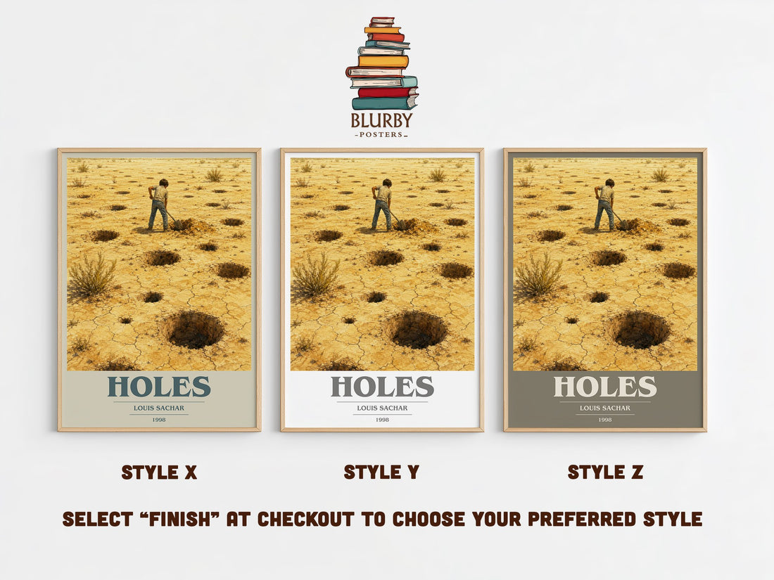 Holes book cover print in frame leaning in hallway – young adult wall art (mockup)