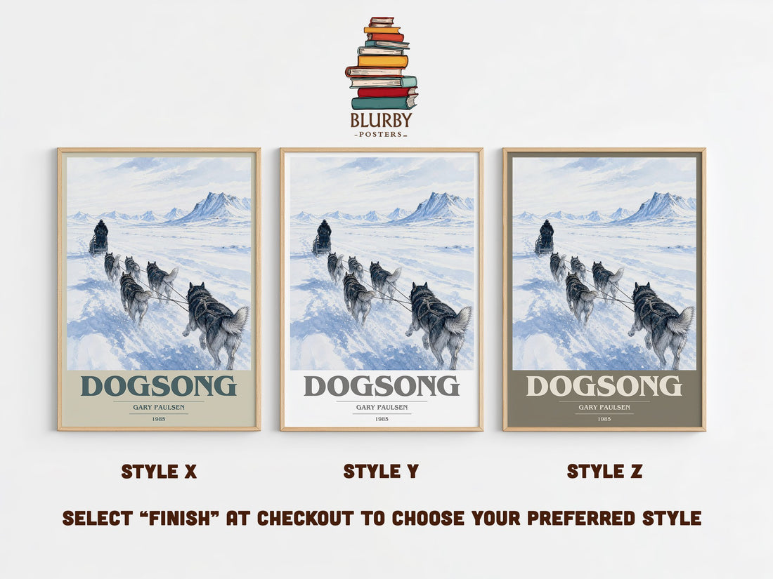 Dogsong book cover print in frame leaning in hallway – young adult wall art (mockup)