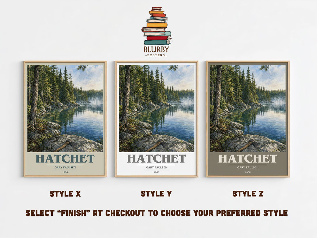 Hatchet book cover print in frame leaning in hallway – young adult wall art (mockup)