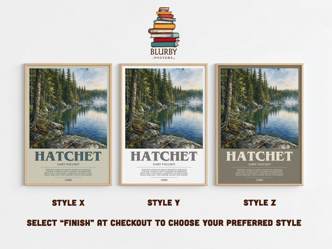 Hatchet bookish print in frame leaning in hallway – young adult wall art (mockup)