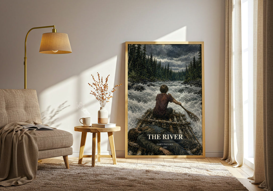 The River watercolour print in frame leaning in hallway – young adult wall art (mockup)