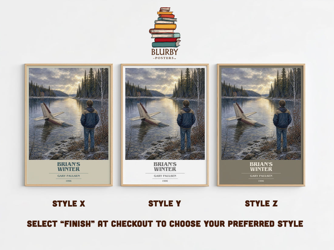 Brian's Winter book cover print in frame leaning in hallway – young adult wall art (mockup)