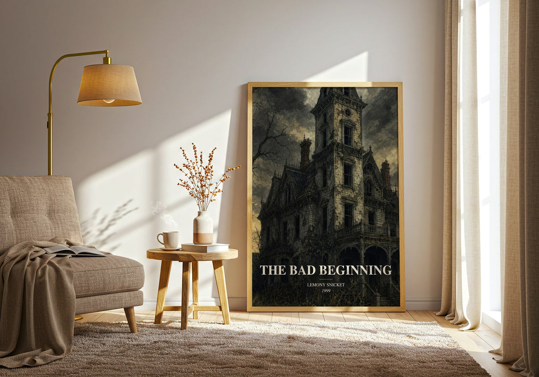 The Bad Beginning watercolour print in frame leaning in hallway – childrens wall art (mockup)