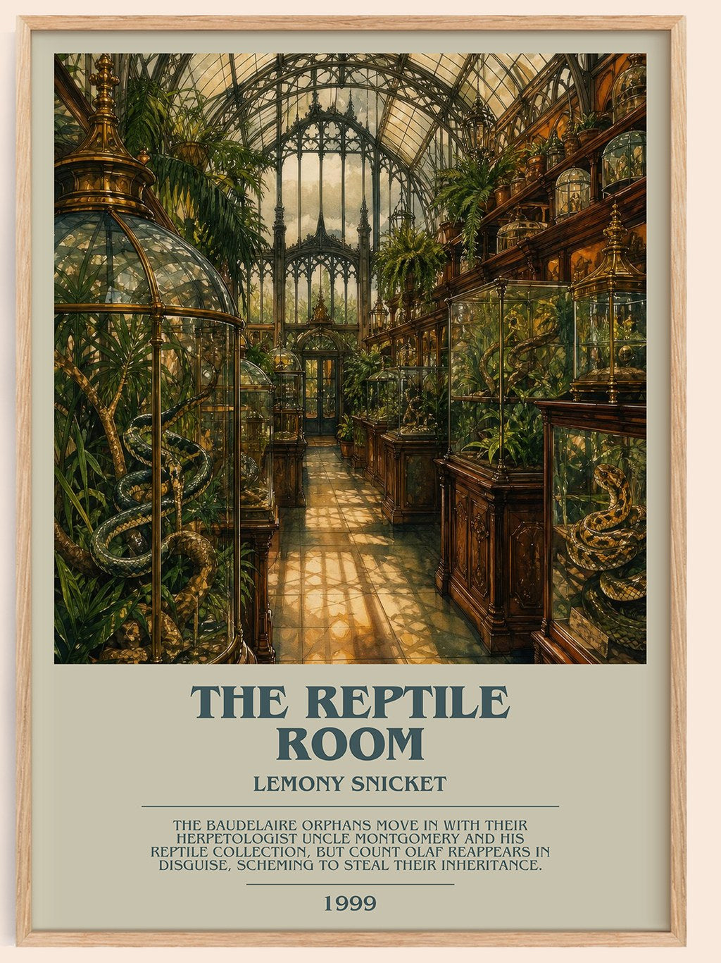 The Reptile Room bookish book poster by Lemony Snicket – framed literary art print