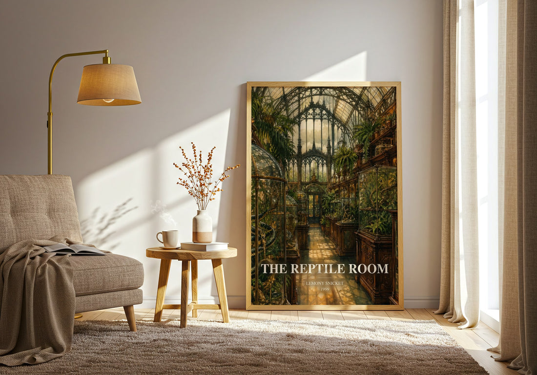 The Reptile Room watercolour print in frame leaning in hallway – childrens wall art (mockup)