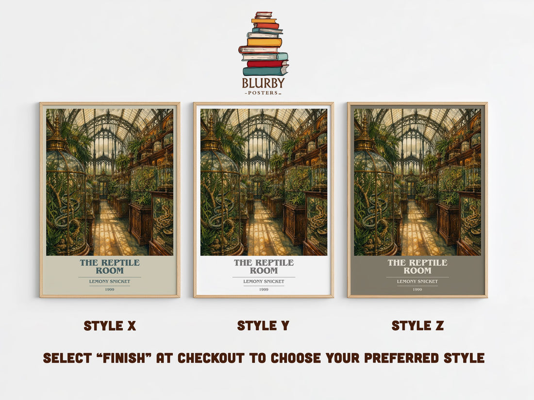 The Reptile Room book cover print in frame leaning in hallway – childrens wall art (mockup)
