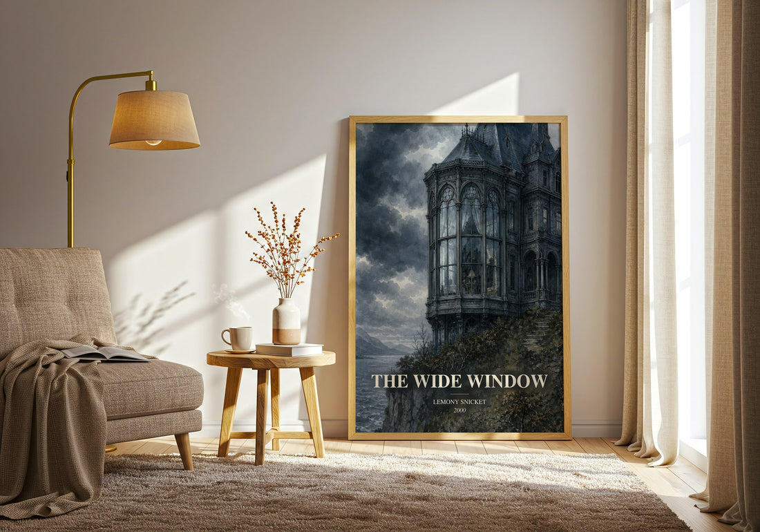 The Wide Window watercolour print in frame leaning in hallway – childrens wall art (mockup)