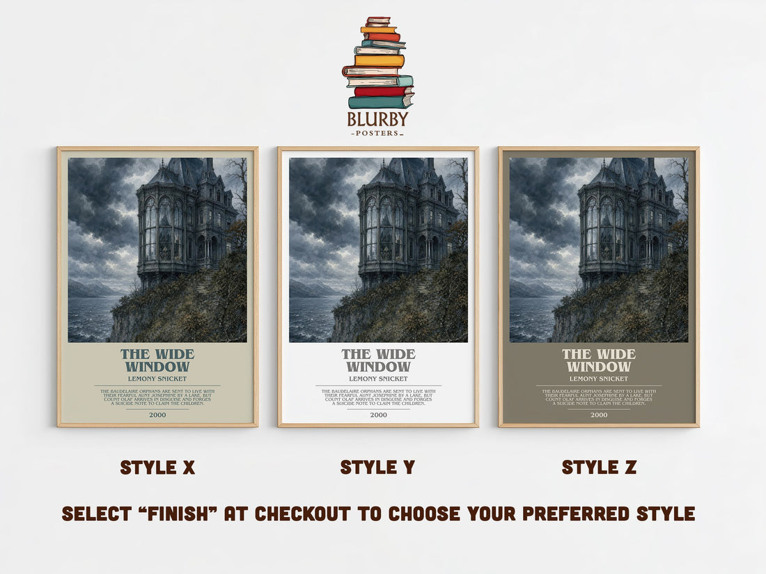 The Wide Window bookish print in frame leaning in hallway – childrens wall art (mockup)