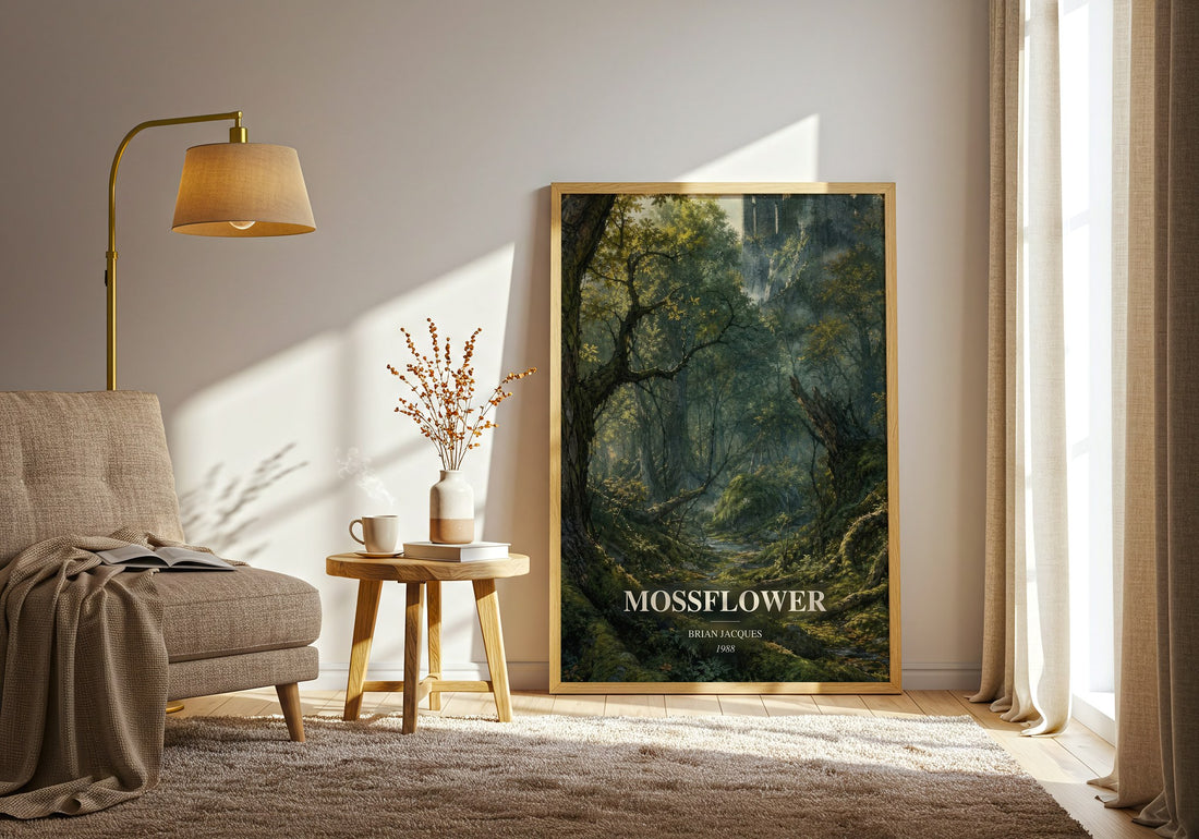 Mossflower watercolour print in frame leaning in hallway – fantasy wall art (mockup)