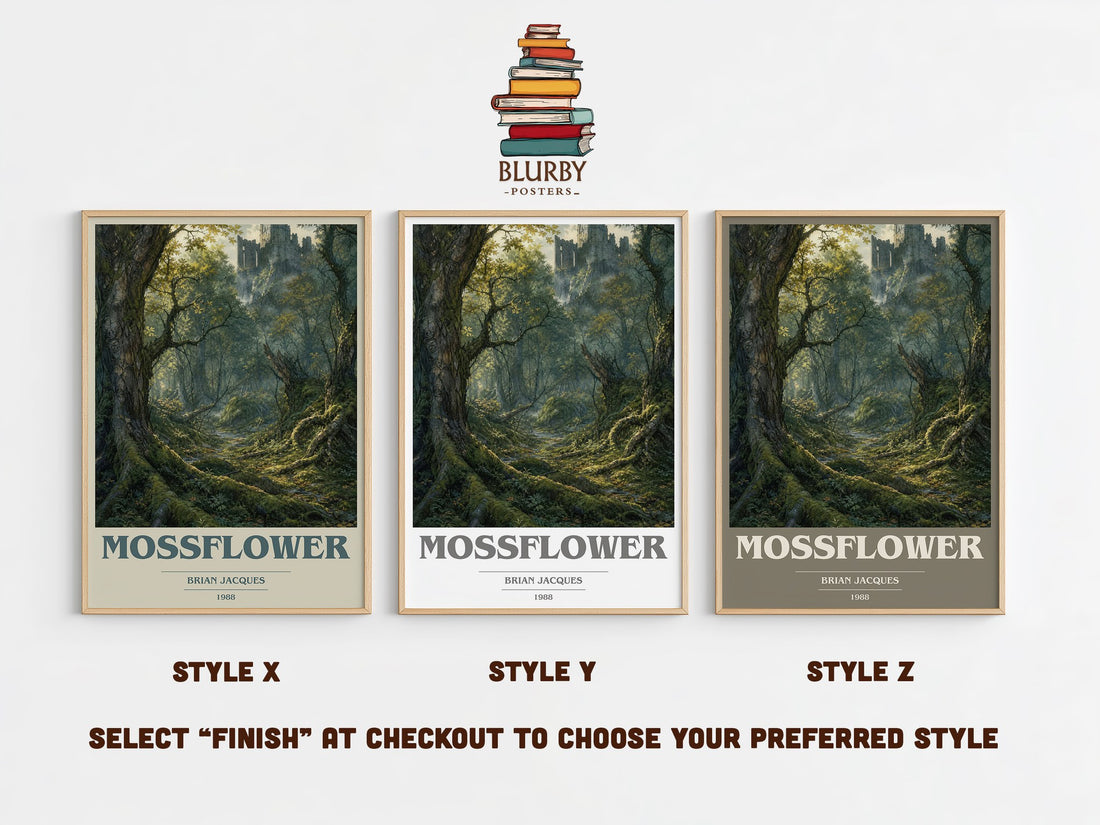 Mossflower book cover print in frame leaning in hallway – fantasy wall art (mockup)