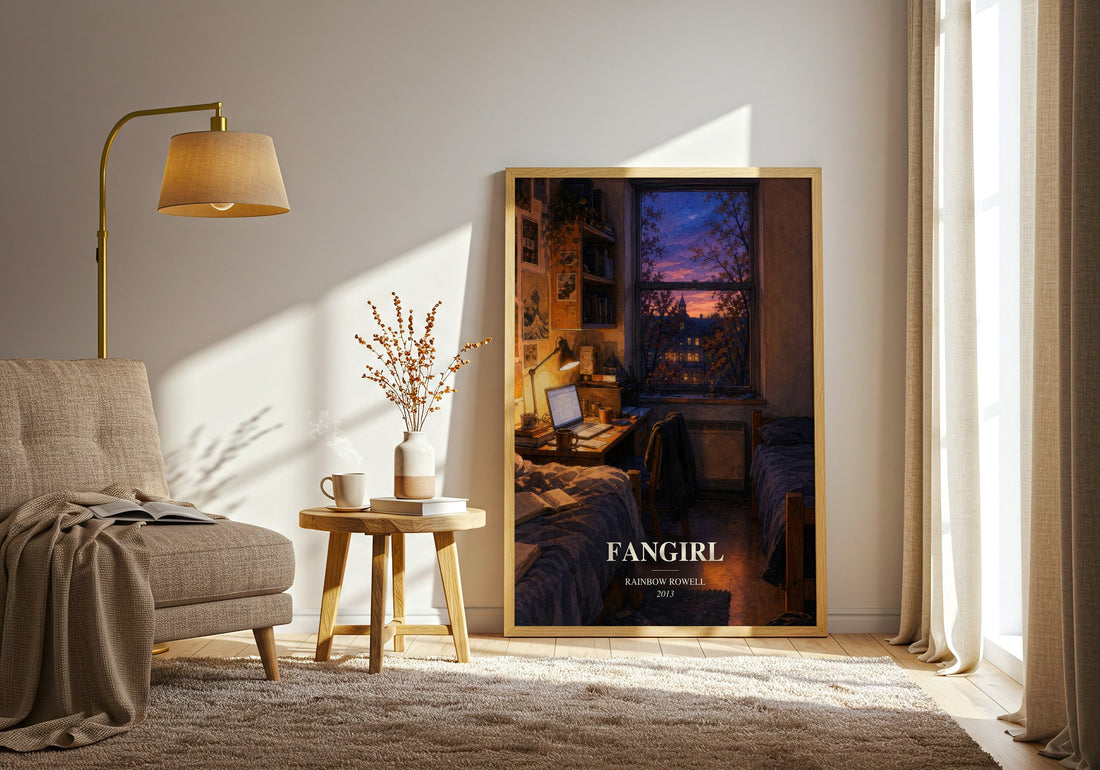 Fangirl watercolour print in frame leaning in hallway – young adult wall art (mockup)