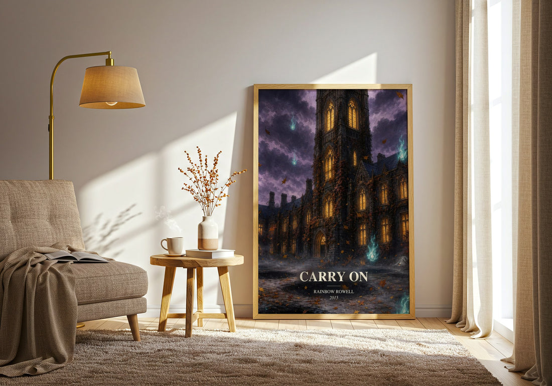 Carry On watercolour print in frame leaning in hallway – fantasy wall art (mockup)