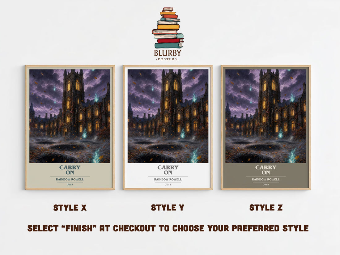 Carry On book cover print in frame leaning in hallway – fantasy wall art (mockup)