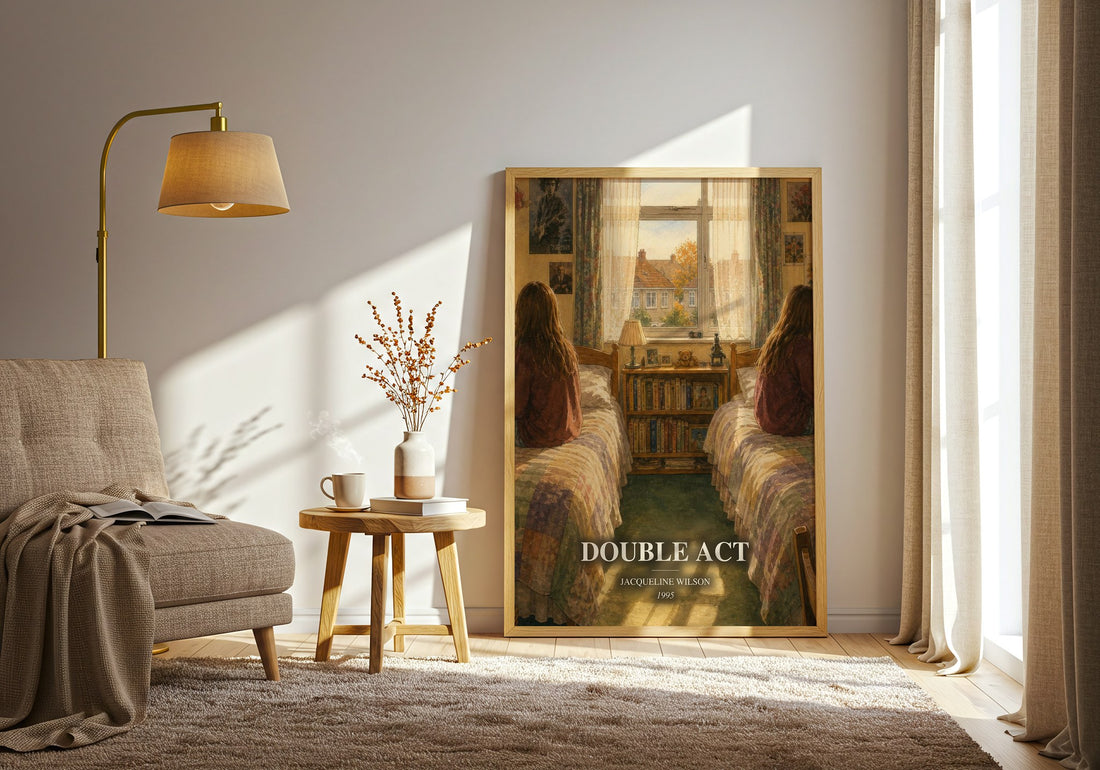 Double Act watercolour print in frame leaning in hallway – childrens wall art (mockup)
