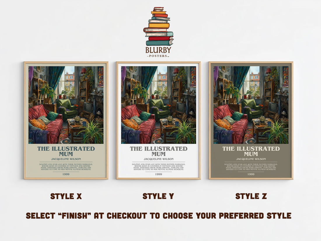 The Illustrated Mum bookish print in frame leaning in hallway – childrens wall art (mockup)