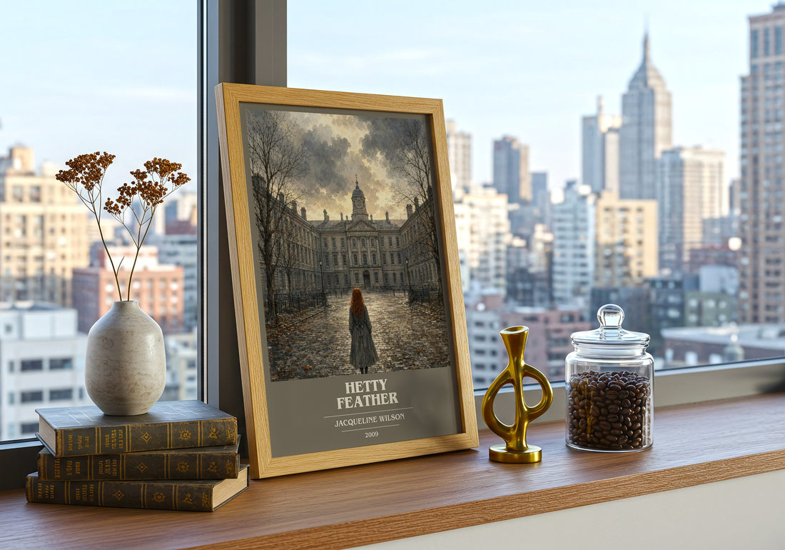 Hetty Feather Book Cover Poster by Jacqueline Wilson – framed print on a city-view windowsill
