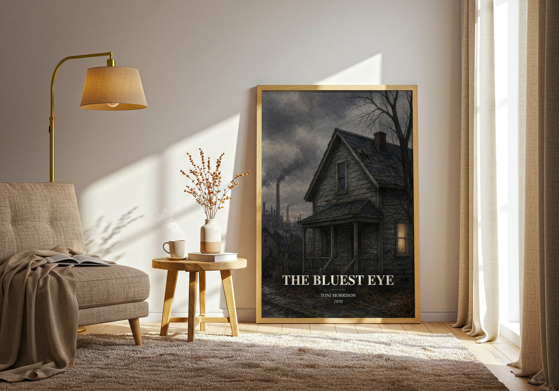 The Bluest Eye watercolour print in frame leaning in hallway – literary fiction wall art (mockup)