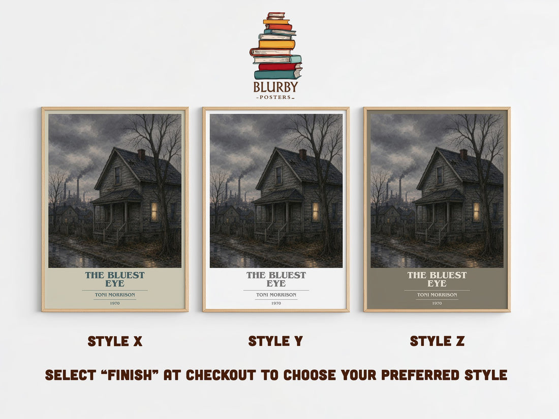 The Bluest Eye book cover print in frame leaning in hallway – literary fiction wall art (mockup)