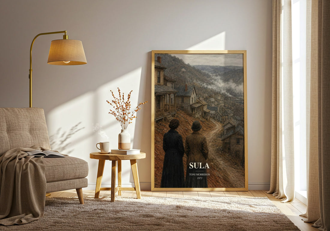 Sula watercolour print in frame leaning in hallway – literary fiction wall art (mockup)