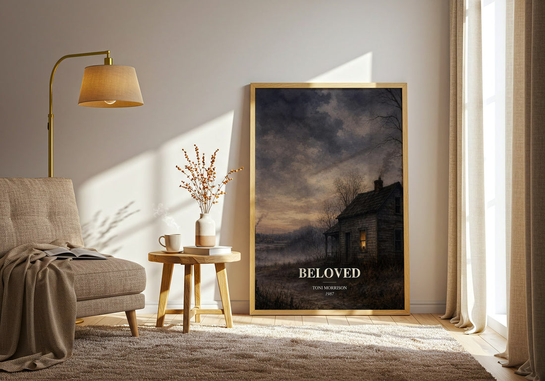 Beloved watercolour print in frame leaning in hallway – literary fiction wall art (mockup)