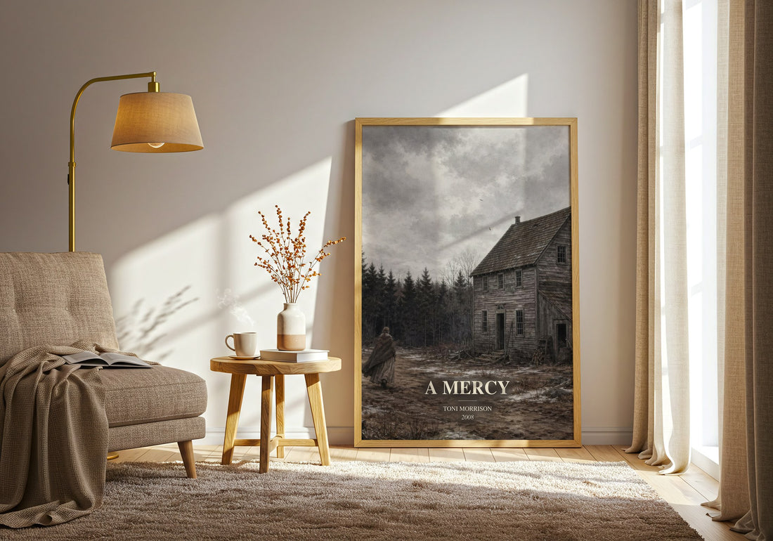 A Mercy watercolour print in frame leaning in hallway – literary fiction wall art (mockup)