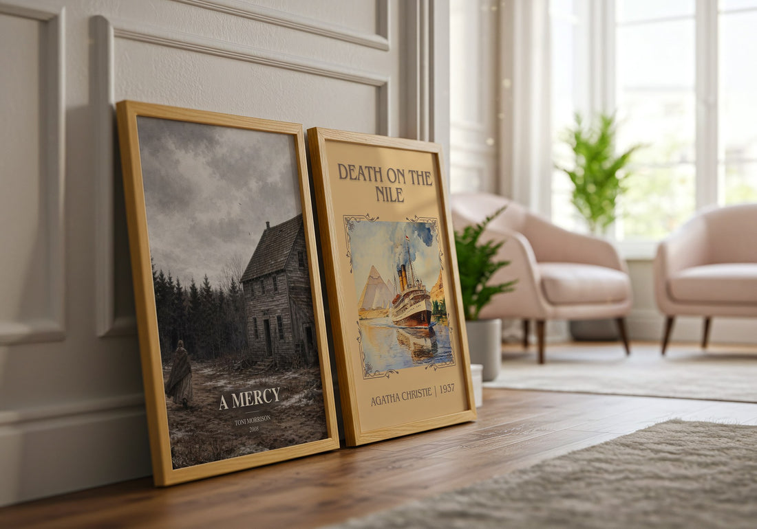 A Mercy watercolour print framed by window – literary home decor