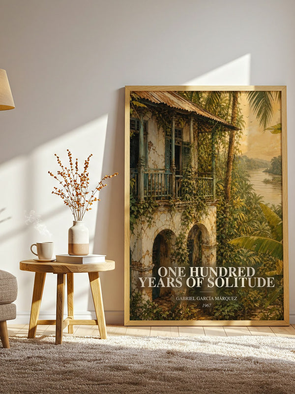 One Hundred Years of Solitude watercolour print in frame leaning in hallway – literary fiction wall art