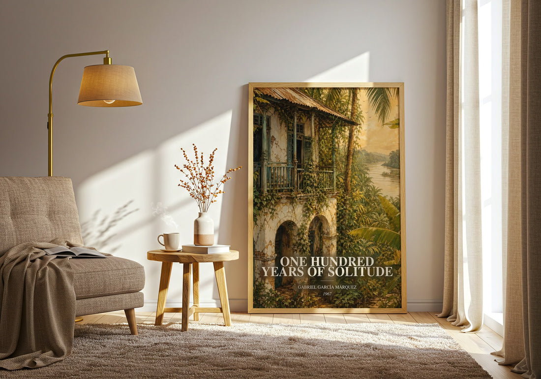 One Hundred Years of Solitude watercolour print in frame leaning in hallway – literary fiction wall art (mockup)