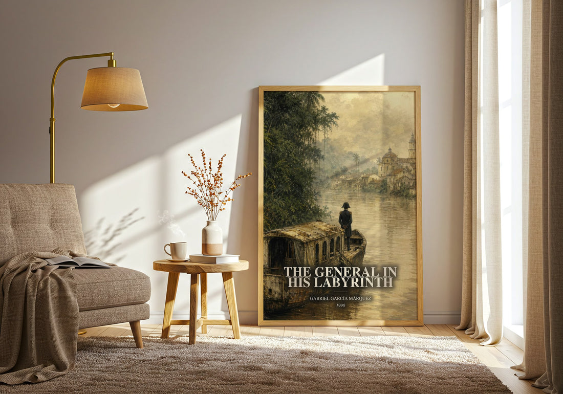 The General in His Labyrinth watercolour print in frame leaning in hallway – historical fiction wall art (mockup)