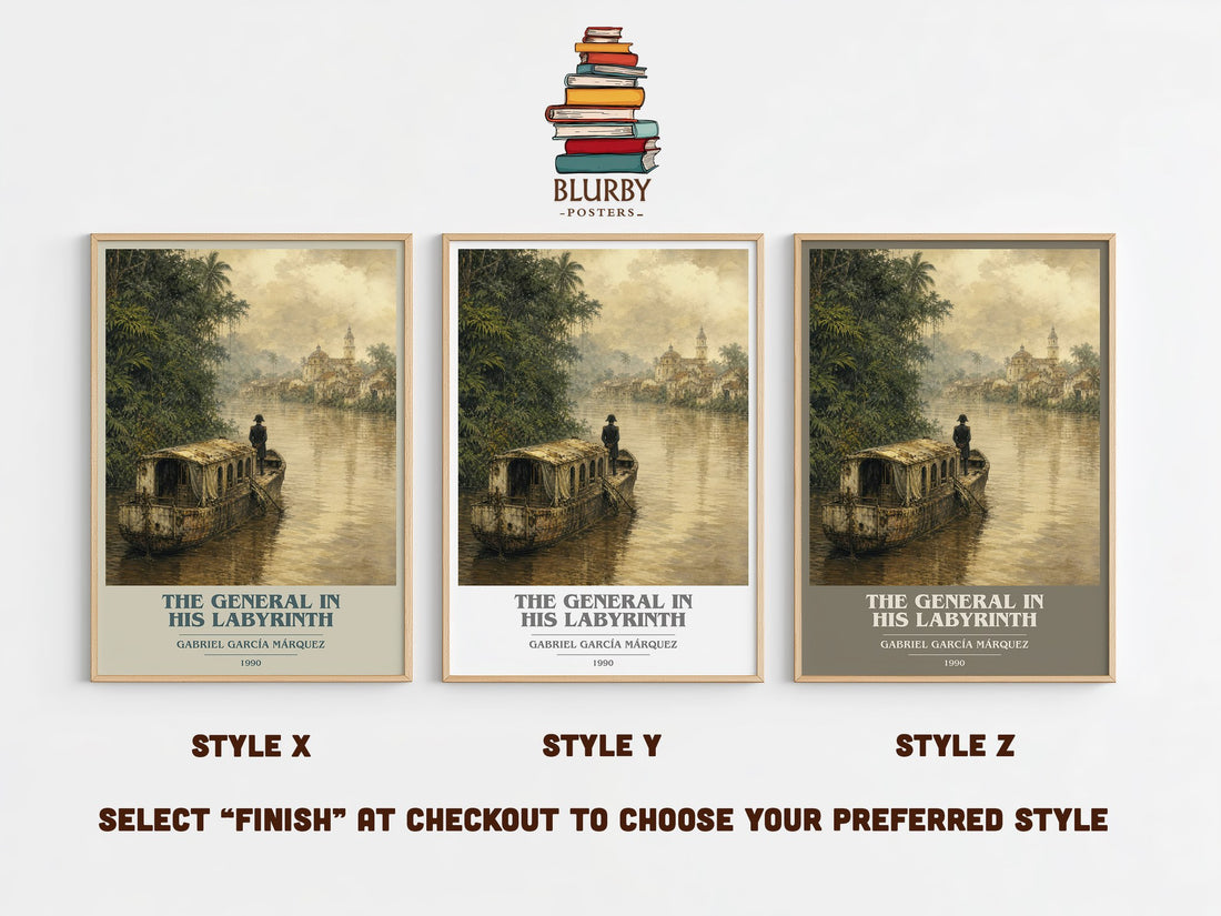 The General in His Labyrinth book cover print in frame leaning in hallway – historical fiction wall art (mockup)