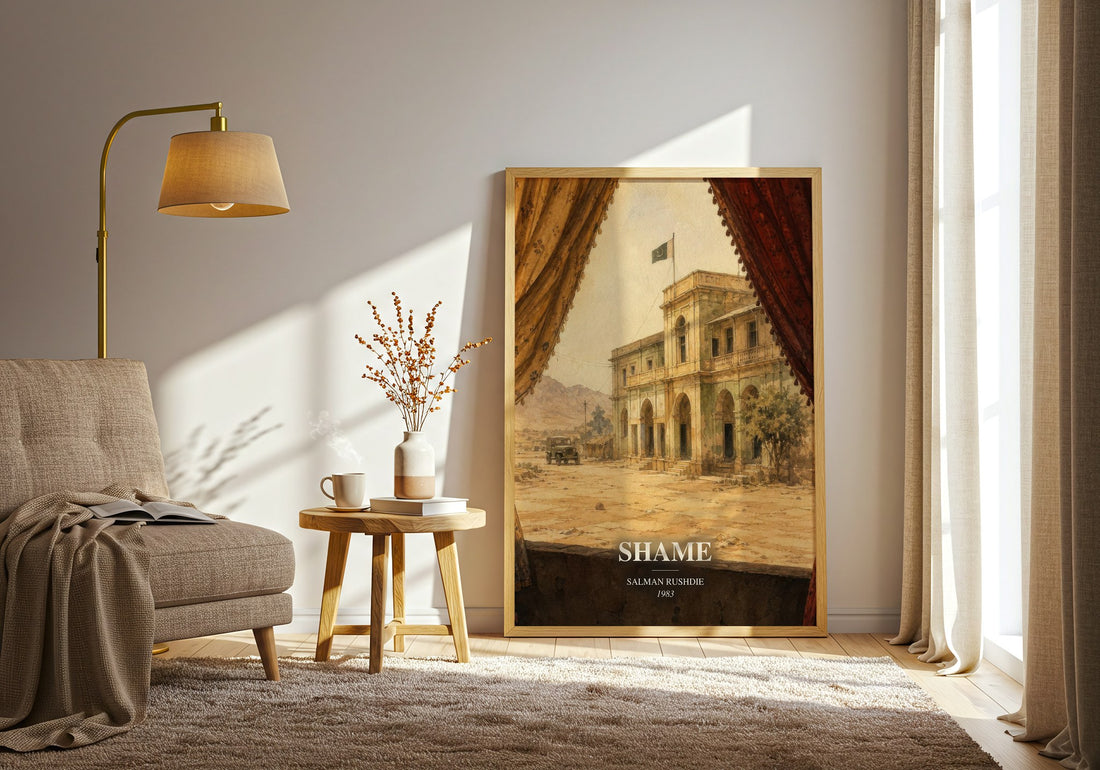 Shame watercolour print in frame leaning in hallway – literary fiction wall art (mockup)