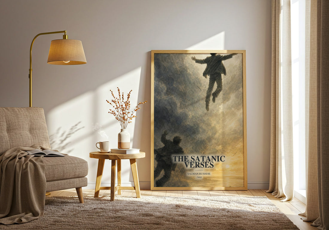 The Satanic Verses watercolour print in frame leaning in hallway – literary fiction wall art (mockup)
