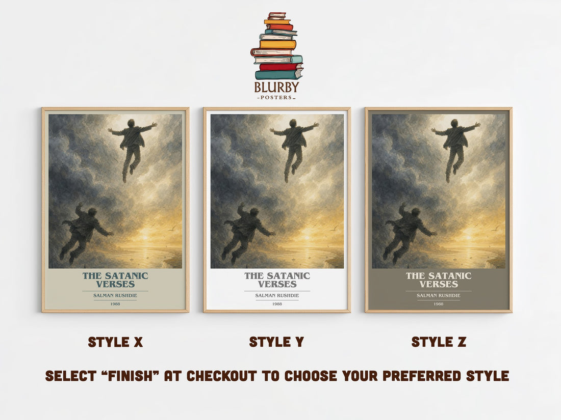 The Satanic Verses book cover print in frame leaning in hallway – literary fiction wall art (mockup)