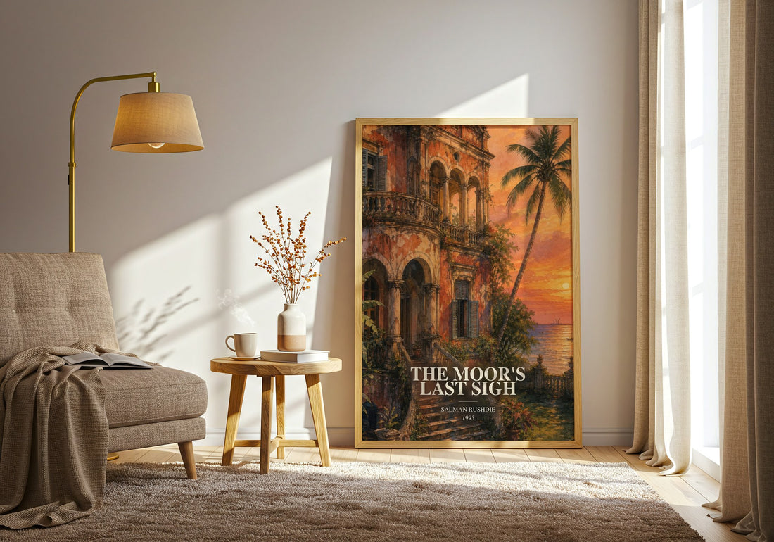 The Moor's Last Sigh watercolour print in frame leaning in hallway – literary fiction wall art (mockup)