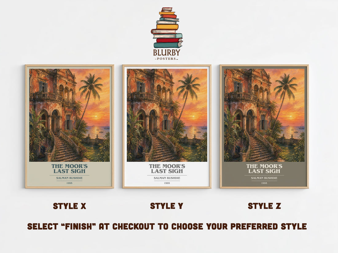 The Moor's Last Sigh book cover print in frame leaning in hallway – literary fiction wall art (mockup)